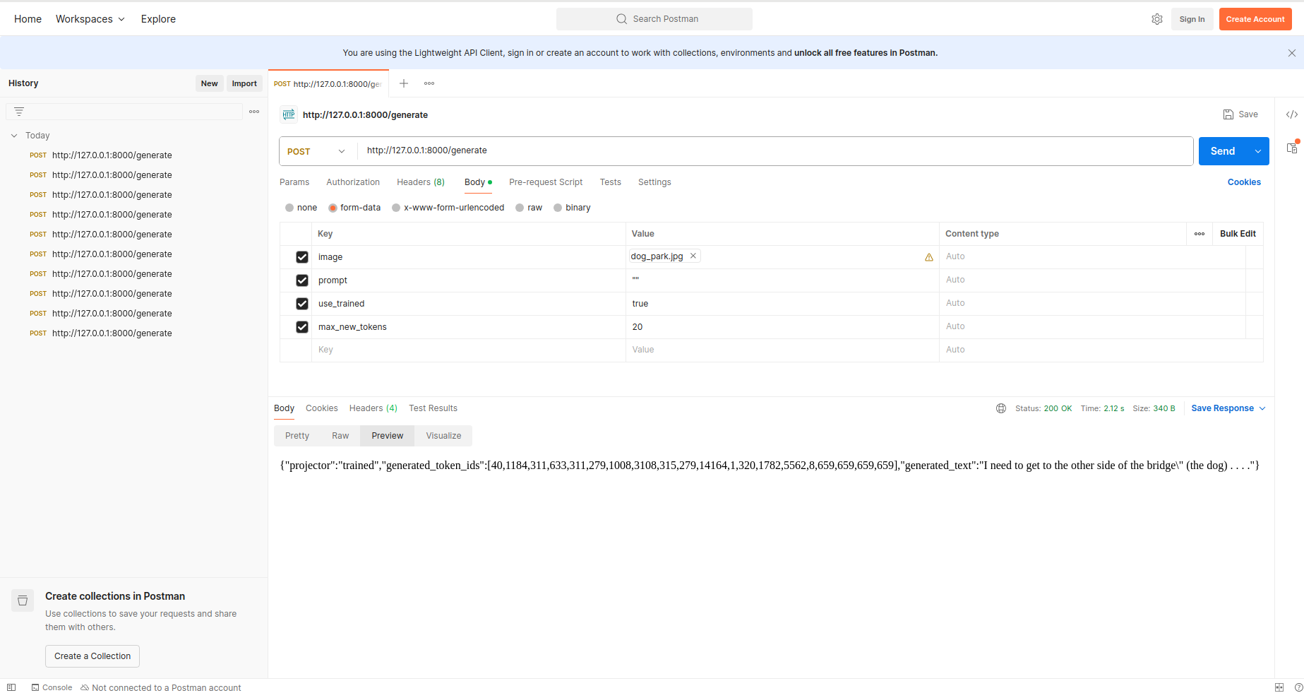 Postman response showing coherent output from the trained projector