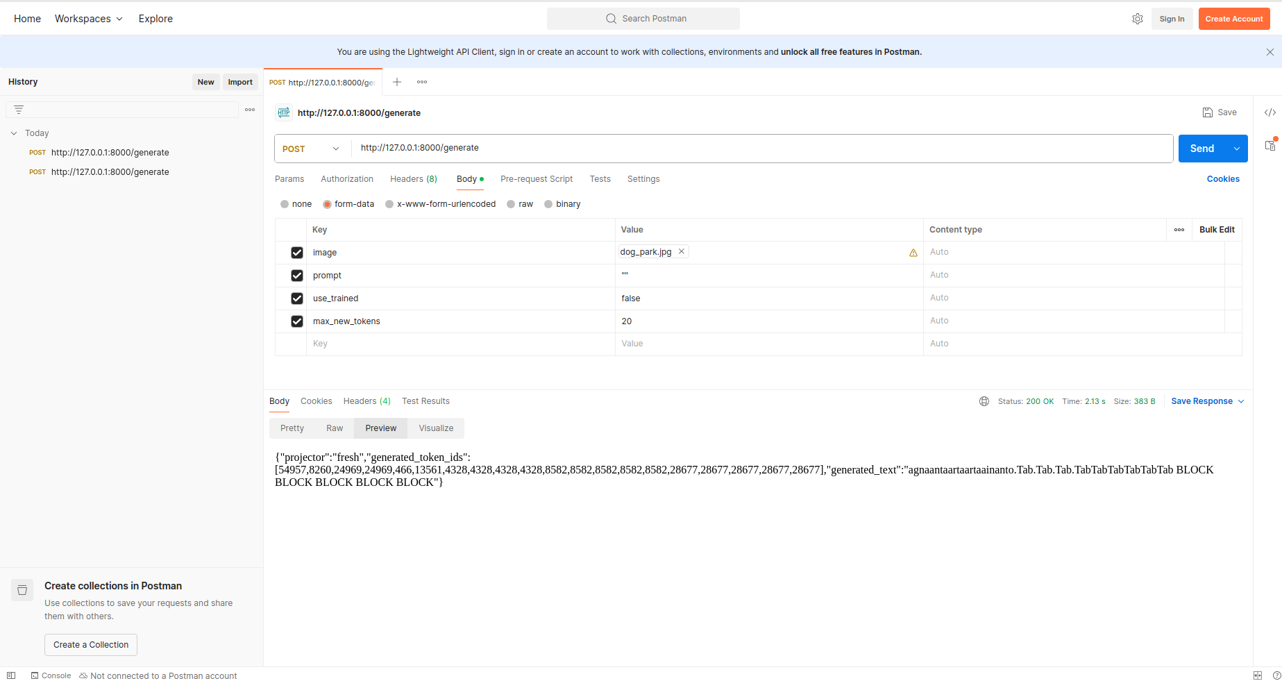 Postman response showing noisy output from the untrained projector